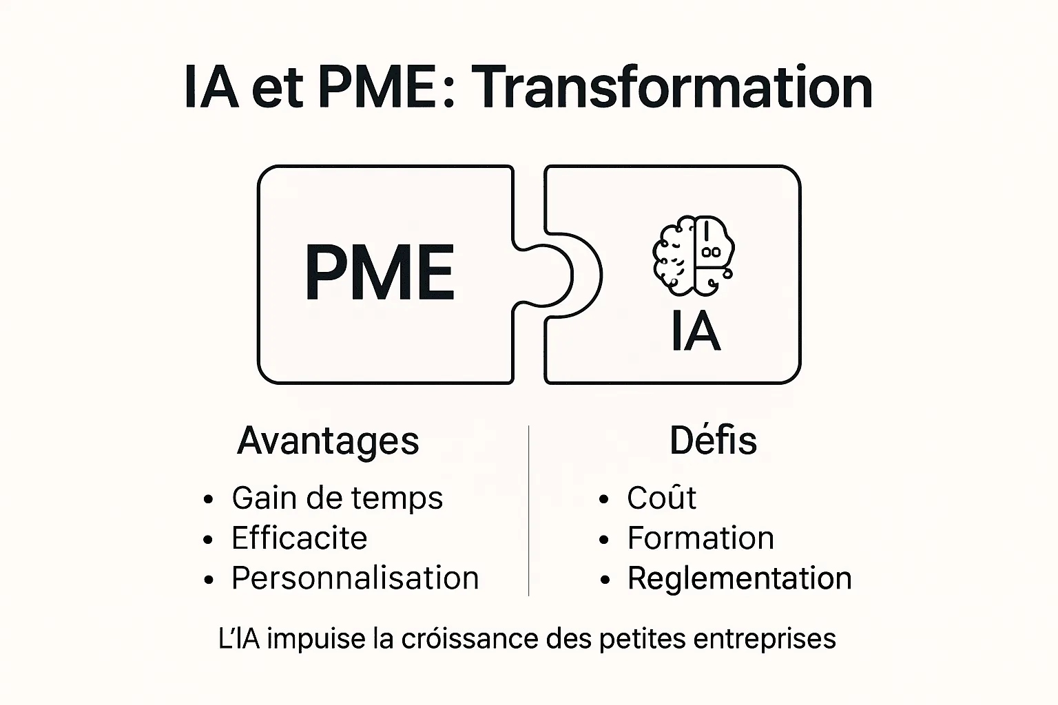 Découvrez en un coup d’œil les opportunités et les enjeux de l’intelligence artificielle pour les petites et moyennes entreprises grâce à cette infographie.