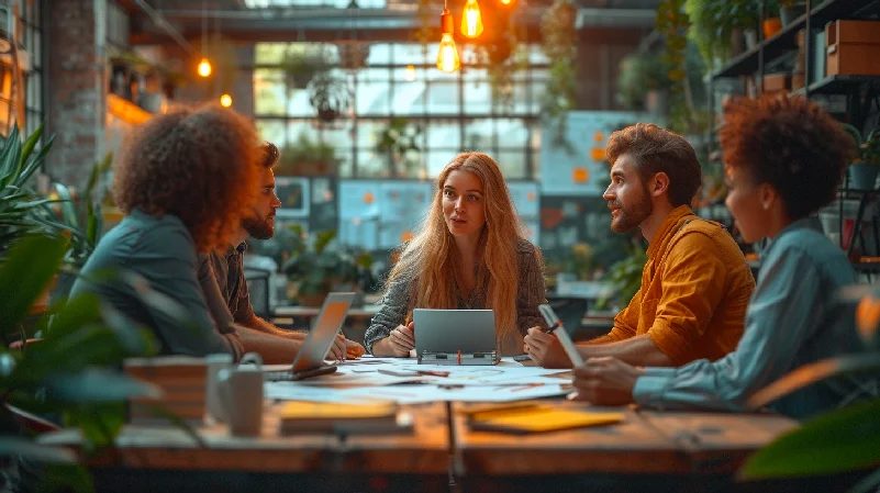 Quatre individus engagés dans une formation marketing digital, autour d'une table en bois, entourés de verdure et d'une ambiance chaleureuse