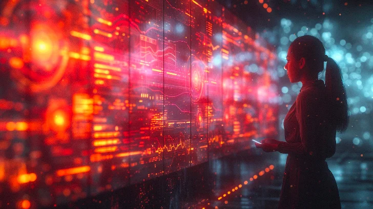 Un individu interagissant avec une interface numérique complexe aux motifs lumineux et abstraits.