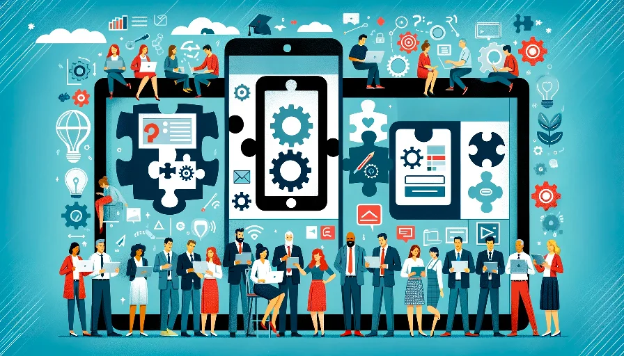 Illustration de personnes diverses collaborant autour d'un smartphone géant, symbolisant l'innovation et la connectivité numérique