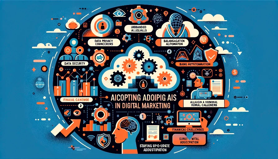 Illustration représentant l'intelligence artificielle dans le marketing digital avec des icônes de sécurité des données et d'automatisation.