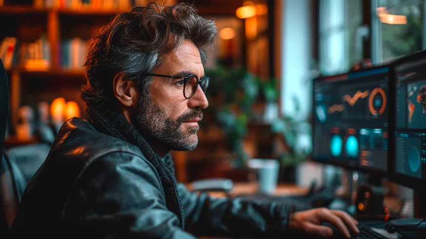 Un professionnel concentré sur l'analyse de données complexes sur plusieurs écrans d'ordinateur