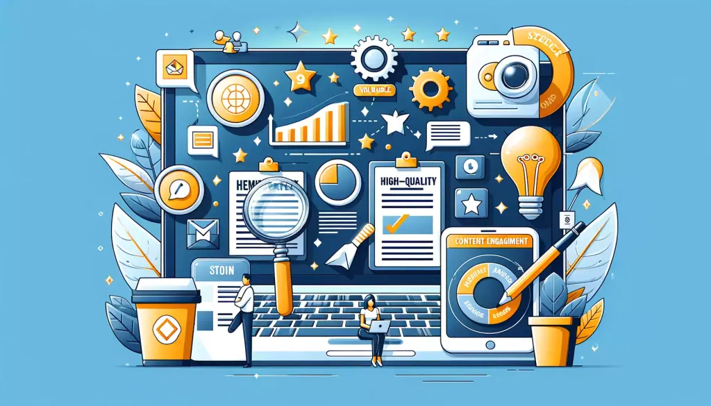 Une illustration colorée montrant divers éléments liés à l'amélioration de la qualité du contenu, les backlinks et les signaux sociaux.