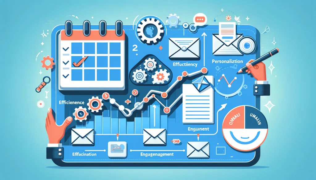 Illustration d'un calendrier, d'engrenages et d'enveloppes, symbolisant l'automatisation de l'email.