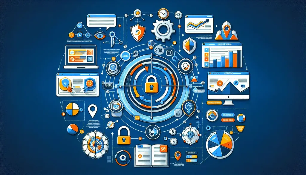 Illustration montrant l'interaction entre SSL et SEO, symbolisée par des icônes de sécurité et des éléments de performance du site web sur un fond bleu