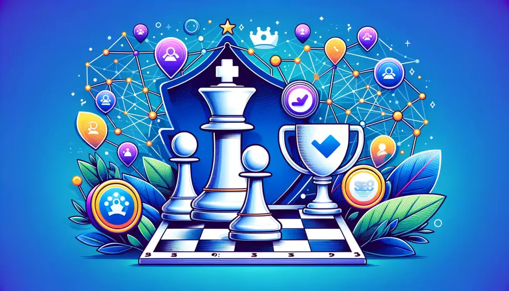 Une illustration complexe montrant des engrenages, des graphiques, et des appareils mobiles, symbolisant les différents aspects de l'autorité de domaine.