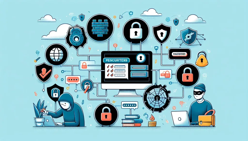 Illustration d'individus travaillant sur des ordinateurs, entourés d'icônes de sécurité SSL et de SEO