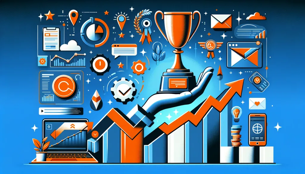 Illustration d'une main tenant un trophée entourée d'icônes.