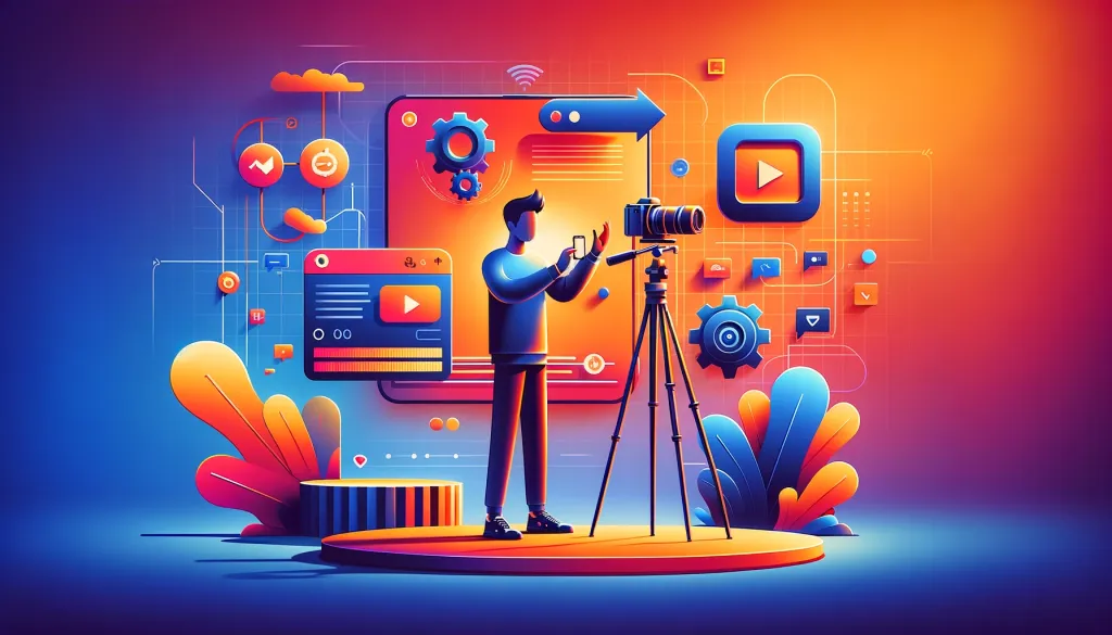 Une illustration vibrante d'une personne capturant divers éléments colorés et symboliques tels que des notes de musique, des épingles de localisation, des cœurs et des cadeaux avec un appareil photo, représentant la nature diversifiée et dynamique du contenu généré par les utilisateurs en matière de SEO.