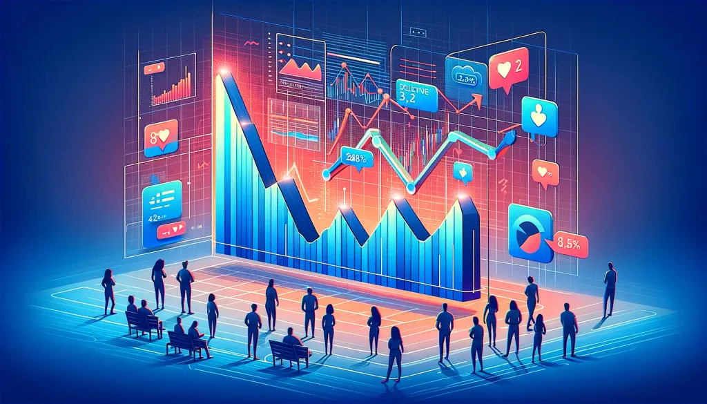 Une illustration montrant des personnes regardant un grand écran affichant des graphiques, des statistiques et des icônes de médias sociaux, symbolisant l'analyse de l'engagement en ligne.