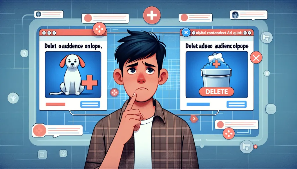 Une personne est entourée de deux fenêtres pop-up illustrant le processus de suppression d'un partage sur Facebook, l'une montrant une image de chien et l'autre un bouton DELETE