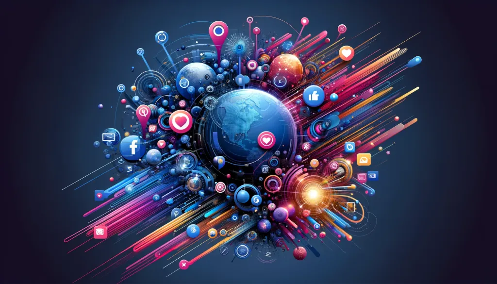 Une image dynamique montrant la planète Terre entourée d'icônes de médias sociaux et d'éléments graphiques colorés, illustrant la connectivité mondiale pour le format de publication Facebook.