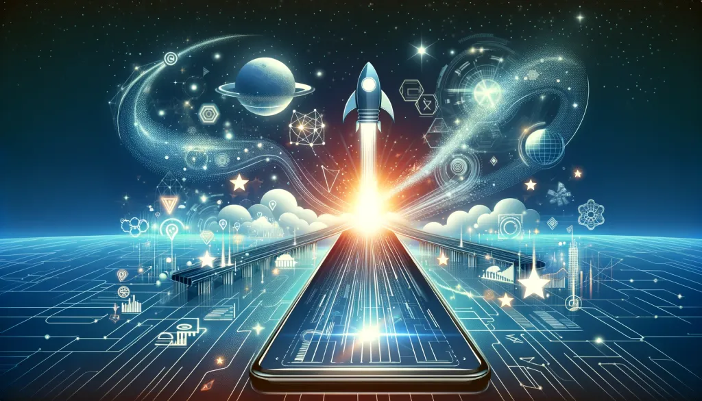Une image dynamique montrant un smartphone d'où s'échappe une fusée, symbolisant le lancement rapide et efficace, entouré d'éléments graphiques représentant des fonctionnalités et des données.