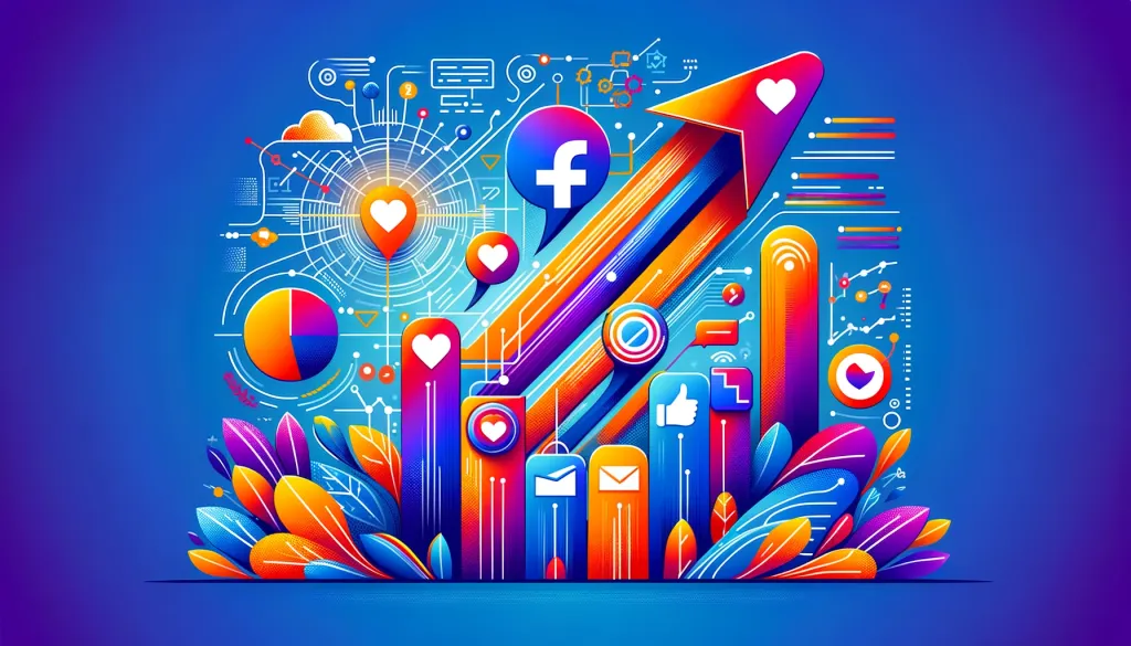Une image vibrante illustrant l'engagement sur Facebook avec le format de publication : icônes, graphiques et un grand bouton J'aime au centre.