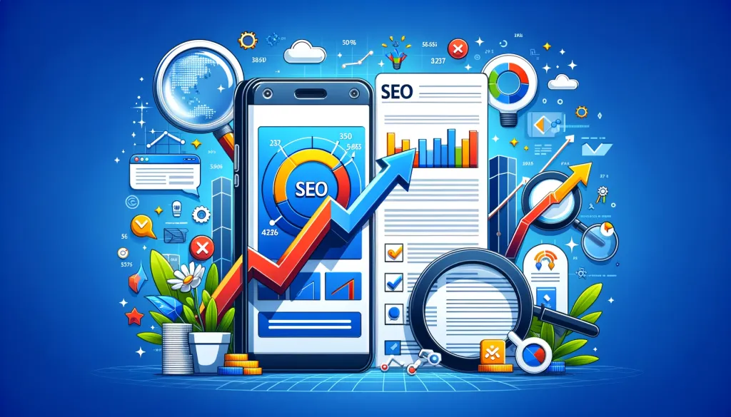 Une image dynamique montrant un smartphone au centre, entouré d'éléments graphiques illustrant le SEO, les statistiques et d'autres fonctionnalités clés pour un site internet optimisé pour mobile.
