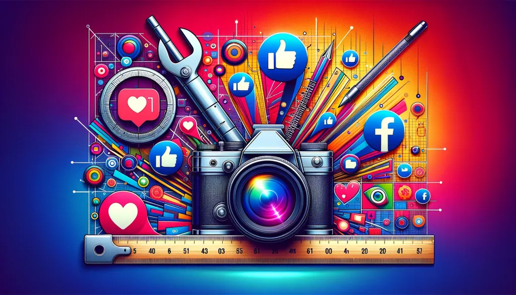 Caméra stylisée entourée d'icônes Facebook et d'éléments graphiques.