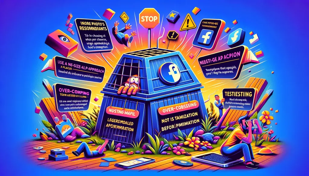 Éléments graphiques autour du logo Facebook illustrant les différents formats et tailles de photos.