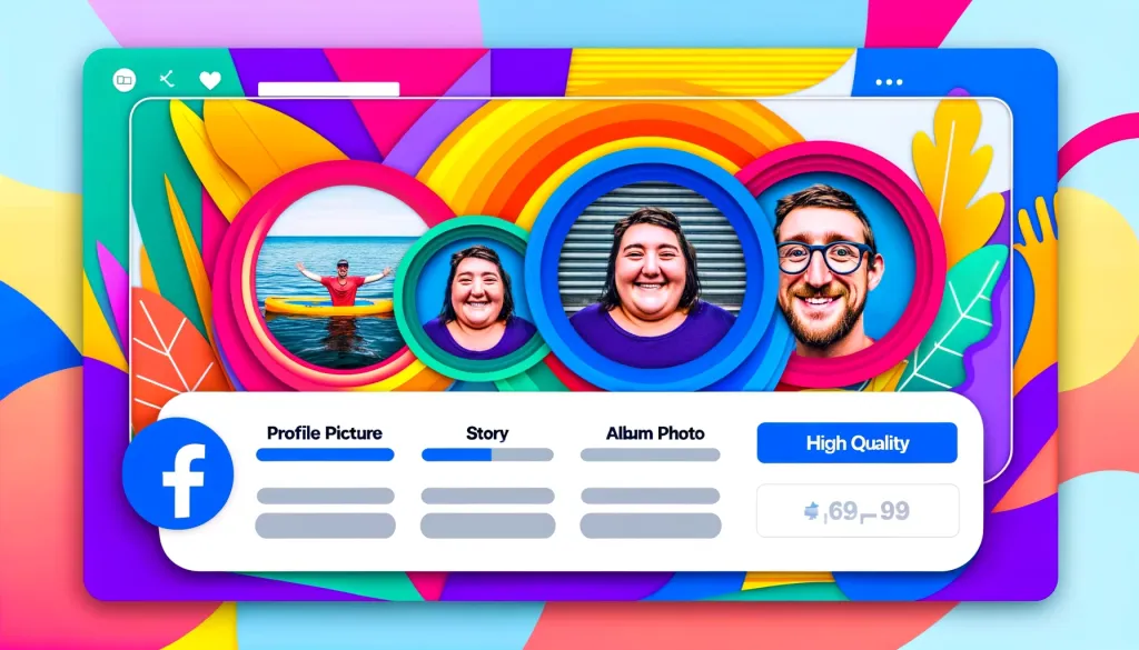 Interface montrant différents formats de photos Facebook : photo de profil, story, photo d'album et image haute qualité, sur un fond coloré.