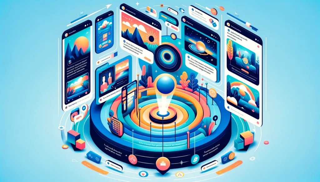 Une image illustrative montrant des smartphones affichant divers contenus graphiques autour d'une ampoule symbolisant une idée, en lien avec le format de publication Facebook.