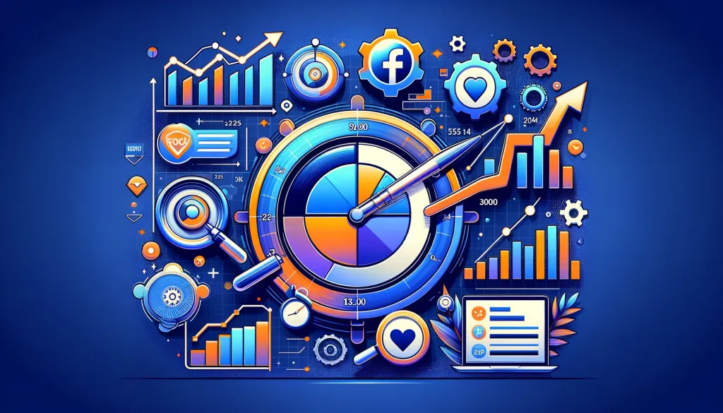 Une illustration colorée représentant des éléments graphiques, des icônes et des statistiques associés à Facebook.