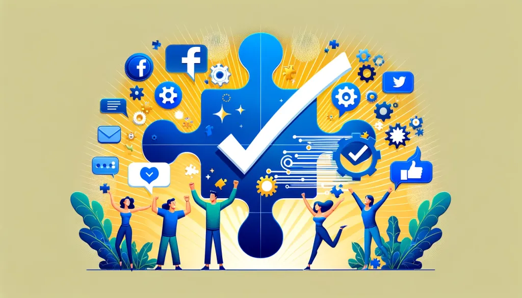 Une image représentant quatre personnes célébrant devant un grand puzzle bleu avec une coche, entouré d'icônes de médias sociaux et d'éléments graphiques représentants les contenus partageable sur Facebook.