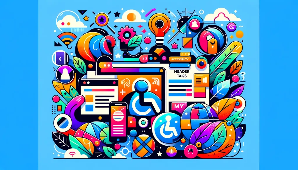 Une illustration colorée et vibrante mettant en avant divers éléments du développement et du design web, notamment un écran d'ordinateur affichant une mise en page de site web, entouré d'icônes et d'images symbolisant la créativité, la technologie et Internet.
