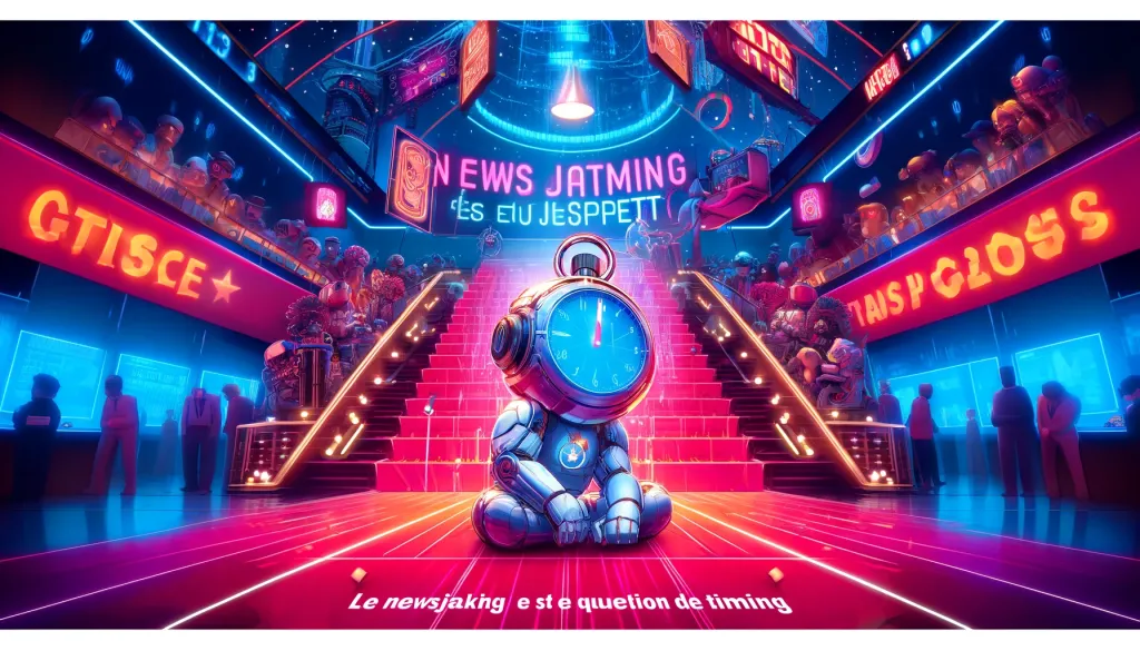 Personnage sous pression regardant une horloge à un événement futuriste.