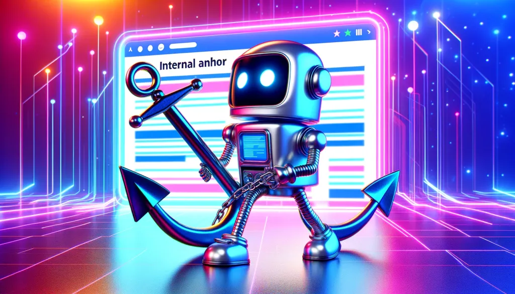 Robot sympathique traînant une grande ancre de bateau vers un écran géant affichant une page web.