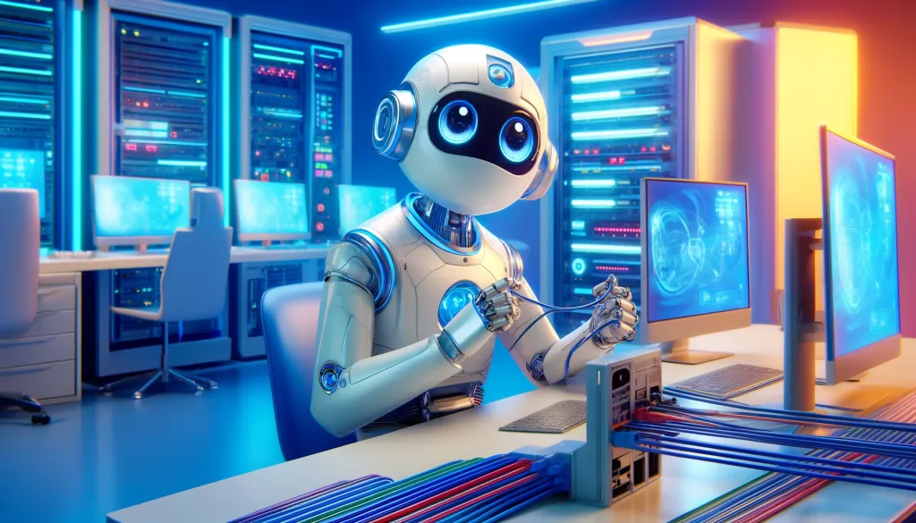 Un robot amical en tenue d'informaticien connectant plusieurs ordinateurs dans un environnement high-tech futuriste, rempli d'éléments technologiques avancés.