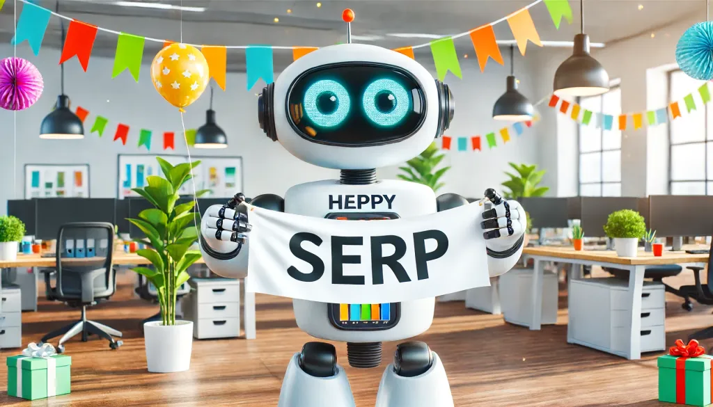 Robot joyeux accrochant une banderole SERP dans un bureau festif pour atteindre la position 0 Google