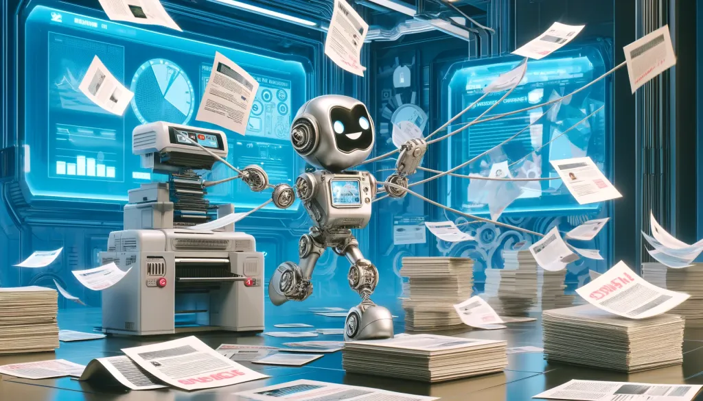 Un robot amical connectant joyeusement des feuilles de papier ensemble, créant des liens entre elles.
