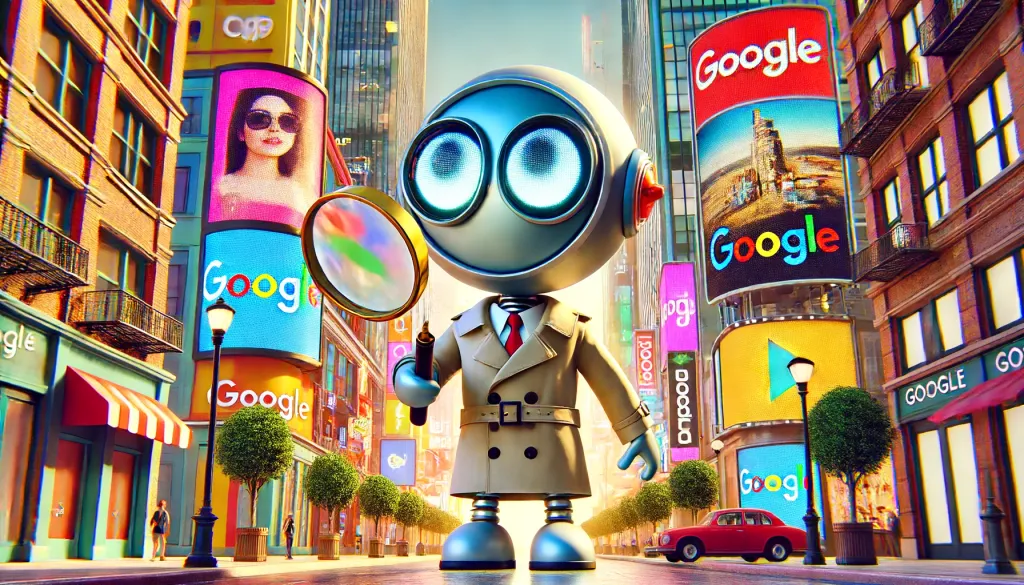 Robot détective représentant Google avec une loupe dans une ville technologique, entouré de panneaux Google