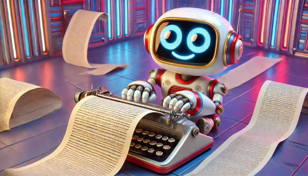 Robot écrivant un long rapport sur une machine à écrire