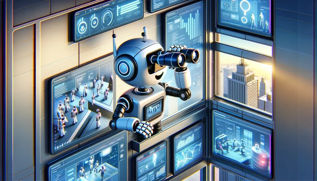 Un robot amical en mission de détective, espionnant des concurrents