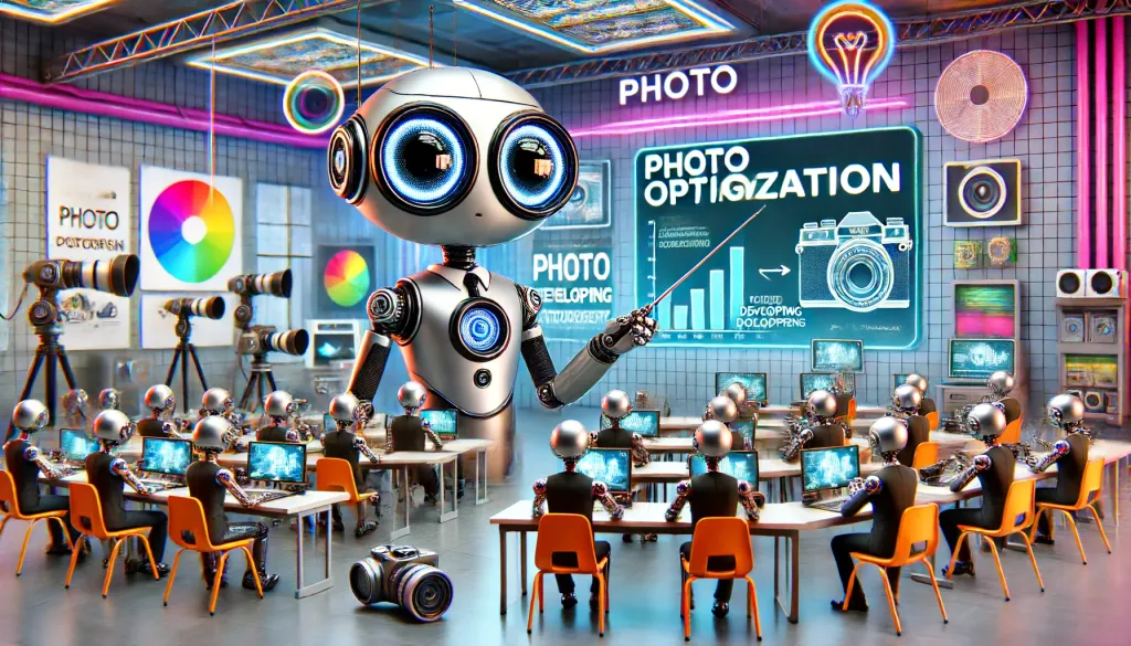 Robot professeur enseignant l'optimisation des photos à des élèves dans une salle de classe high-tech