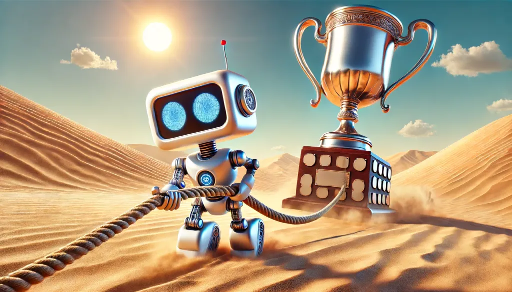 Robot épuisé traînant un trophée dans le désert symbolisant le défi de maintenir la position 0