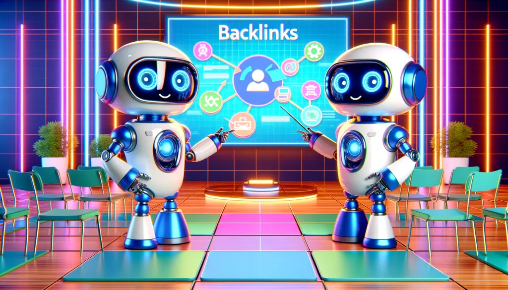 Un robot pose une question sur l'analyse de backlink lors d'un séminaire futuriste, avec un autre robot sur un écran qui explique le concept.