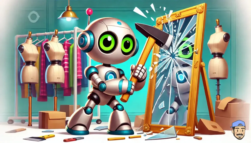 Robot cassant un miroir avec une grande pioche, cela représente des outils qui repèrent le contenu dupliqué.