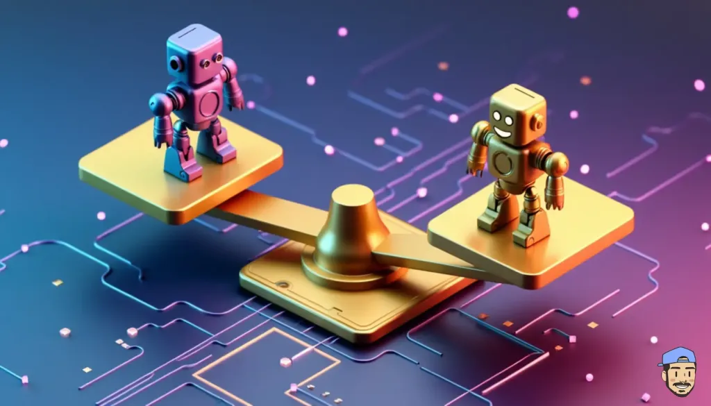Illustration de deux robots sur une balance, démontrant comment utiliser GPT pour équilibrer différentes technologies d'intelligence artificielle