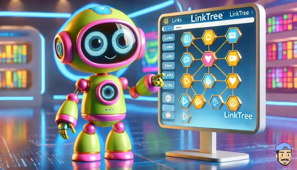 Un robot coloré et futuriste expliquant l'interface Linktree à un autre robot devant un écran numérique