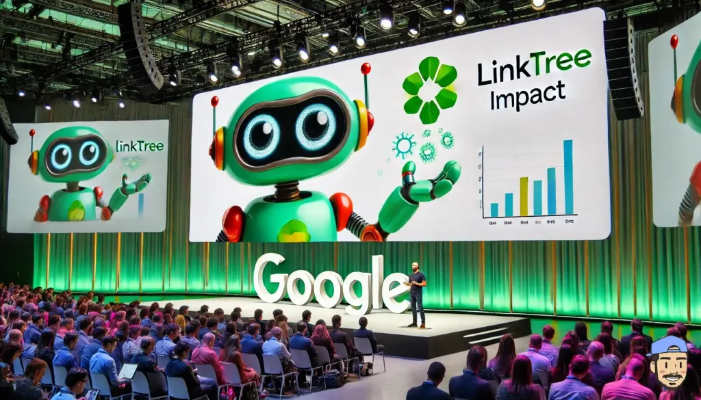 Un robot futuriste présente l'impact de Linktree lors d'une conférence Google devant un public
