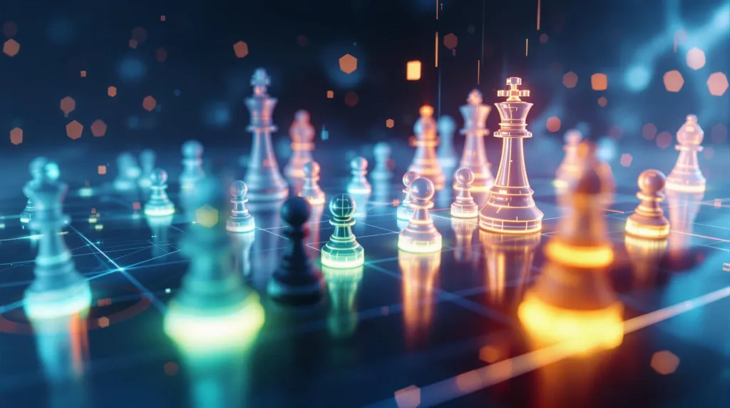Échiquier holographique symbolisant la stratégie de longue traine SEO efficace