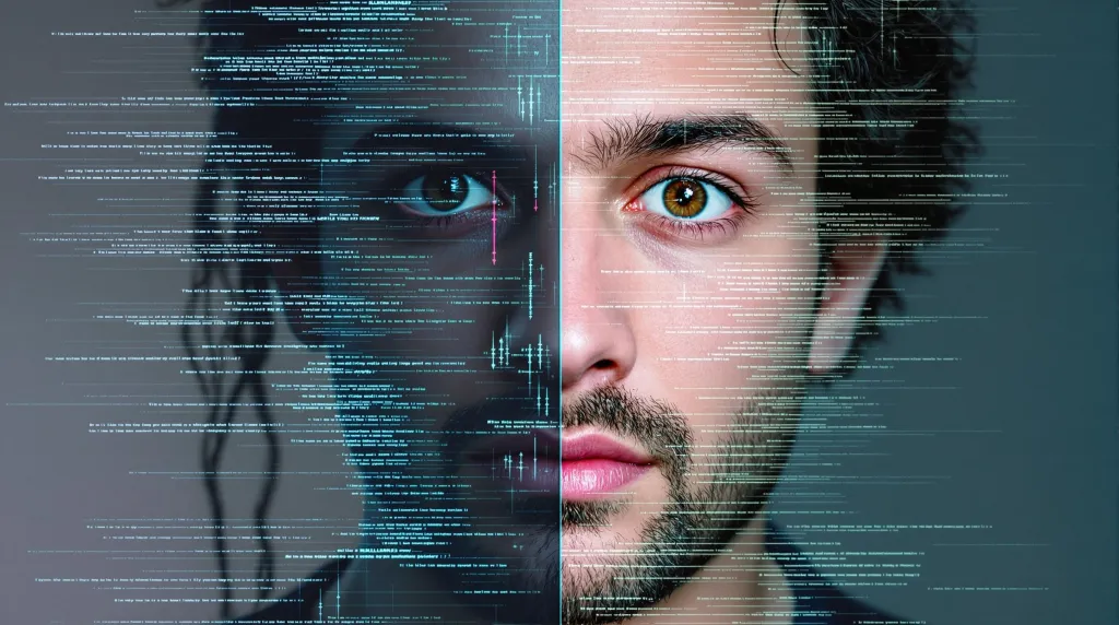 Portrait divisé d'un visage humain avec superposition de code, illustrant la fusion entre l'humain et un influenceur IA dans le monde digital