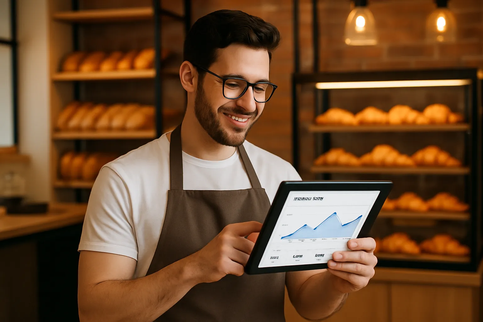 Boulanger entrepreneur utilisant une tablette pour analyser ses données de vente grâce à un workflow KNIME automatisé, illustrant un cas d'usage concret en PME