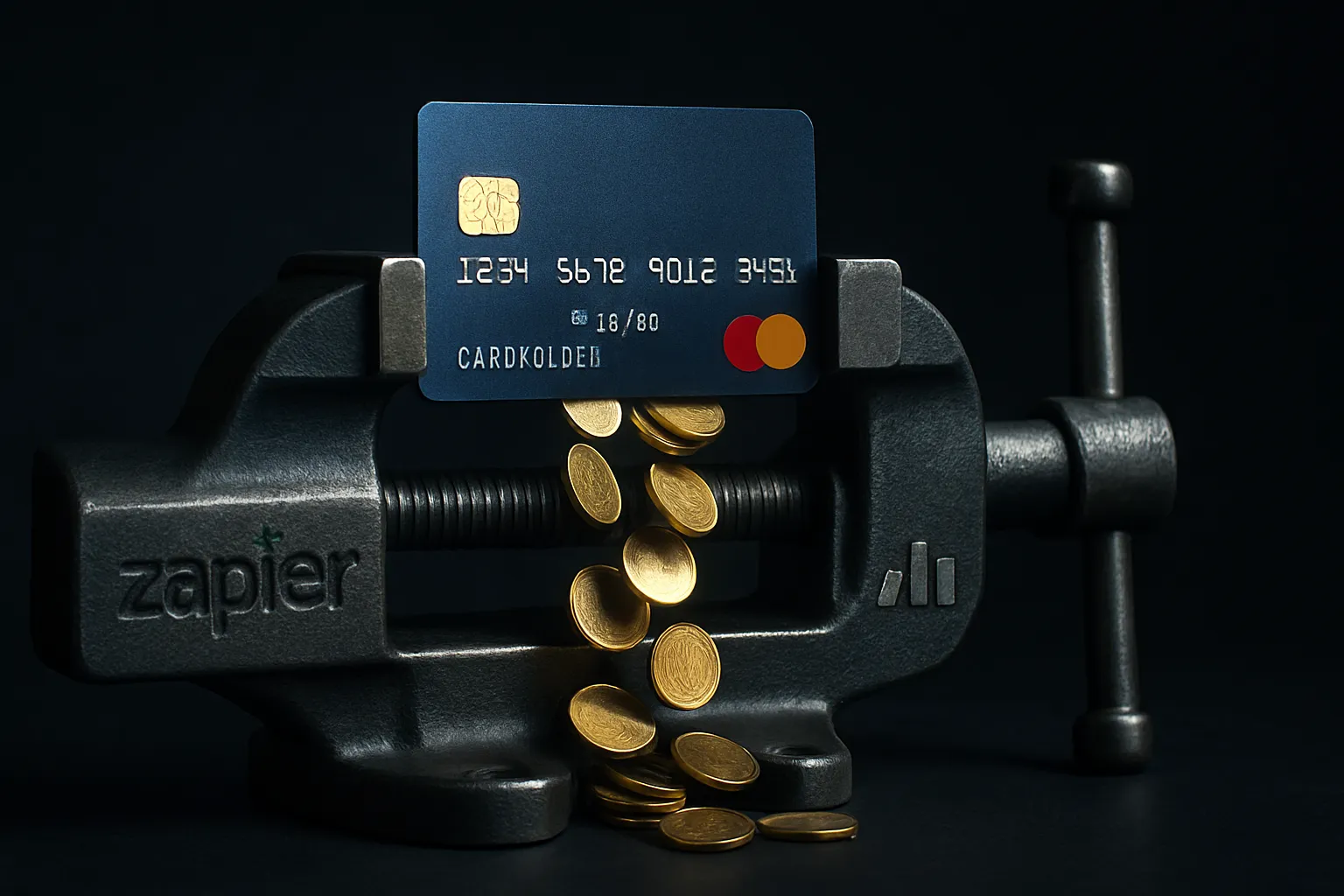 Coûts cachés automatisation Zapier Make Les coûts cachés des plateformes d'automatisation comme Zapier et Make illustrés par une carte bancaire pressée.