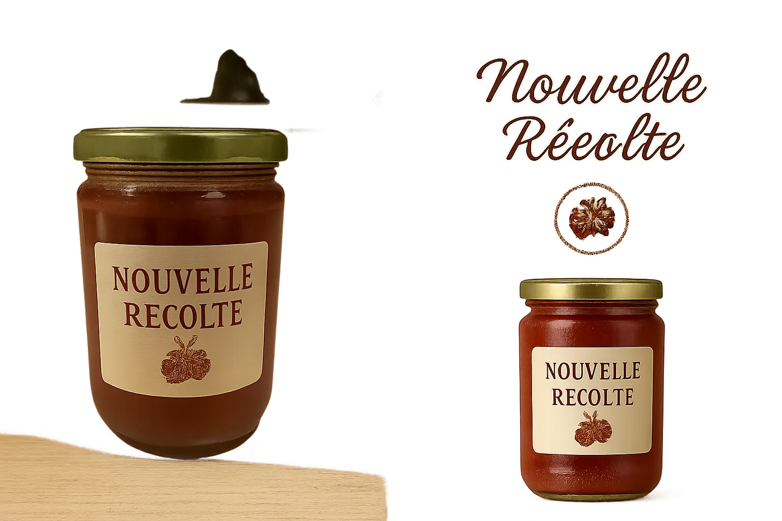 Photo avant/après d'un pot de confiture de fraises, transformée de photographie amateur (arrière-plan de cuisine) à un visuel professionnel (fond chaleureux, texte marketing, logo). Cette étude de cas illustre l'impact de Photopia pour les petites entreprises en seulement 15 minutes.