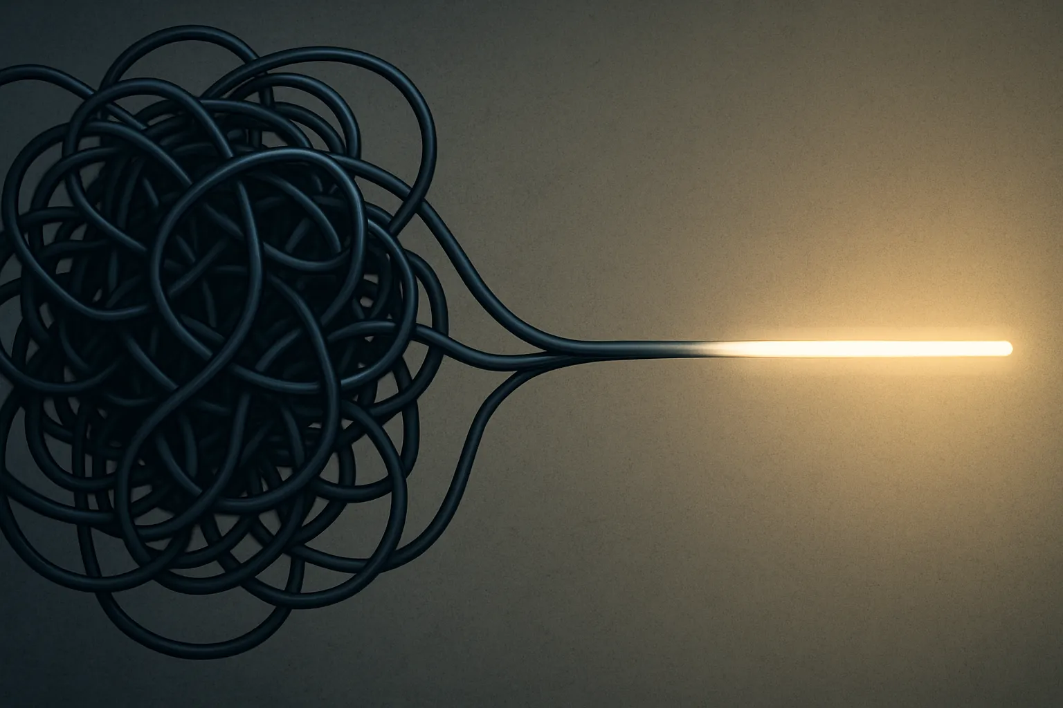 Illustration visuelle stylisée d'un chemin clair et simple évitant des noeuds complexes, symbolisant comment éviter les pièges de la complexité en no-code.