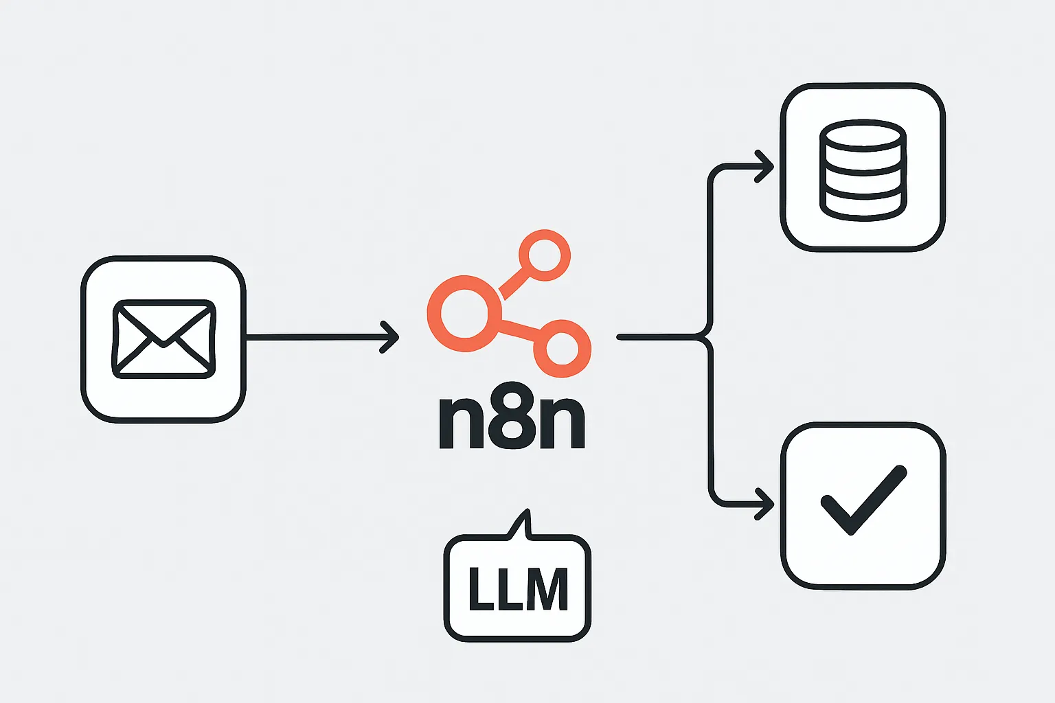 Schéma simplifié d'un exemple d'orchestration d'un AI workflow dans n8n, montrant les étapes d'un workflow RAG pour l'automatisation des réponses aux emails.