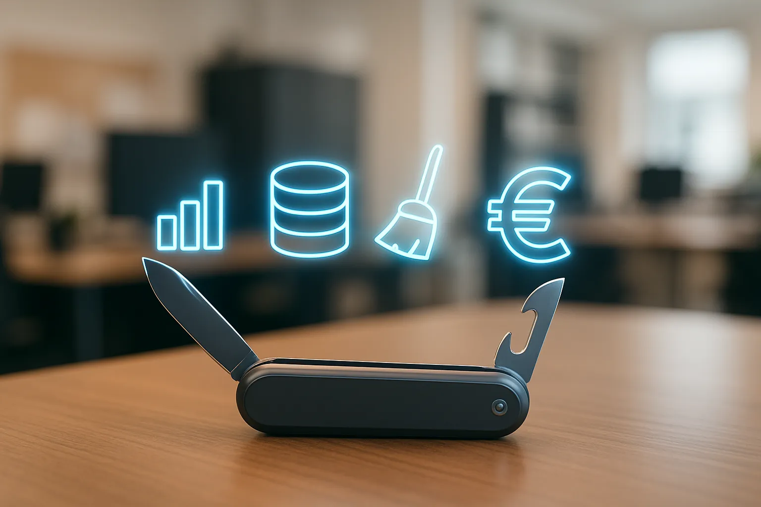 Couteau suisse digital représentant les multiples fonctionnalités de KNIME pour PME : analyse de données, reporting automatisé et calcul du ROI