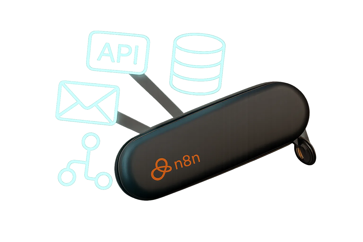 N8n flexibilité PME automatisation N8N est représenté comme un couteau suisse digital, symbolisant sa flexibilité et sa puissance pour les PME.